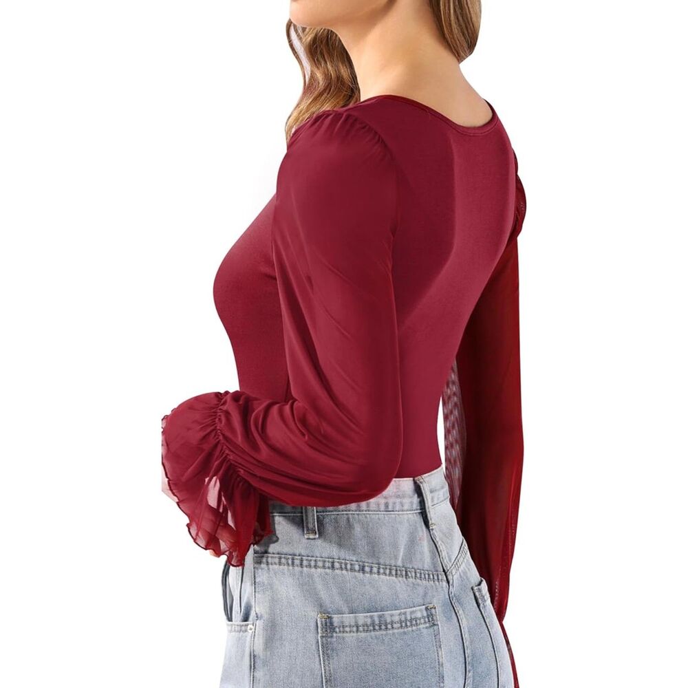 MANGOPOP Red Long Sleeve Square Neck & Mesh Ruffle Sleeves Bodysuit Blouse Sz S